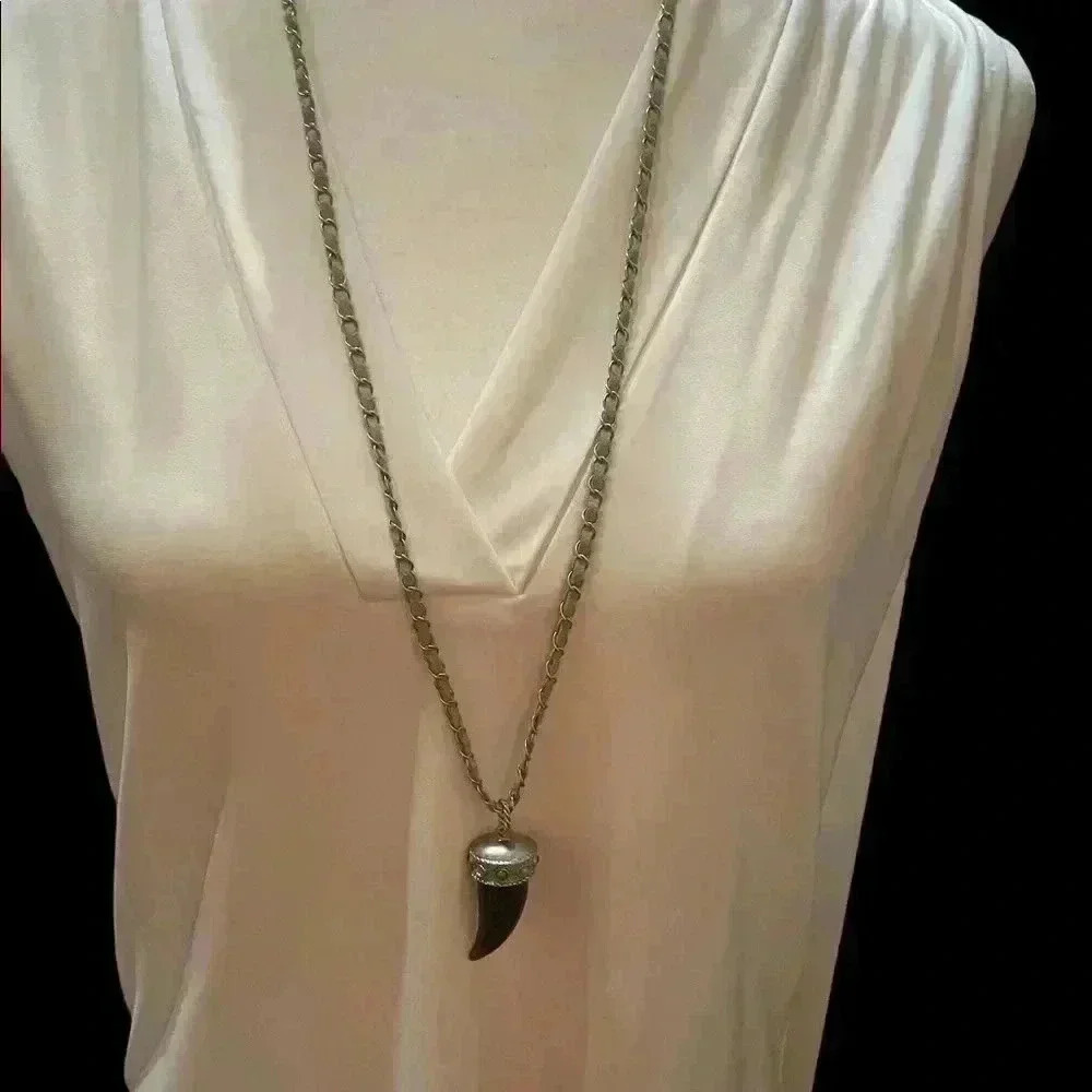 Lia Sophia Cornucopia Necklace - silver-tone w/ sage green suede cord brown horn - Picture 3 of 5